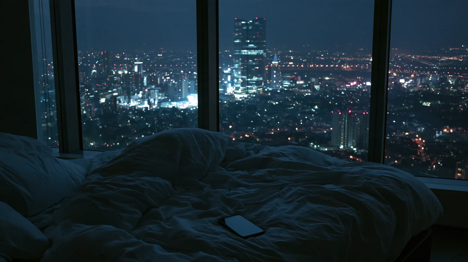 a dark minimal high-rise bedroom at night, a smartphone lying face down on rumpled white sheets, a floor-to-ceiling window of glittering city lights behind, no people, deep shadows, cinematic, no text, no letters, no…