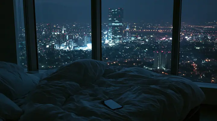 a dark minimal high-rise bedroom at night, a smartphone lying face down on rumpled white sheets, a floor-to-ceiling window of glittering city lights behind, no people, deep shadows, cinematic, no text, no letters, no…