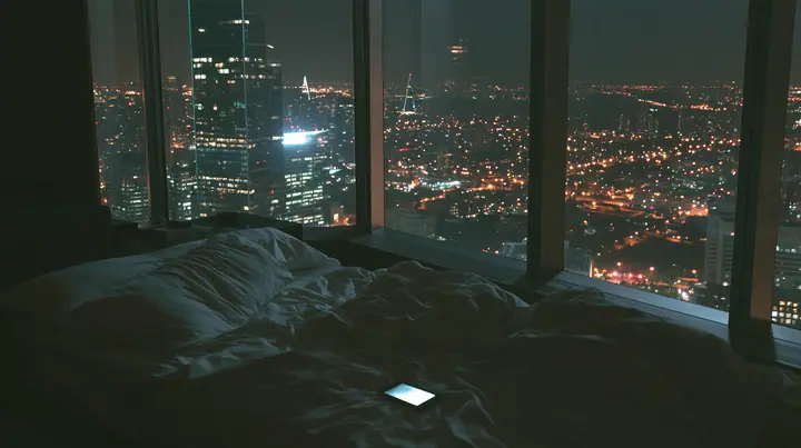 a dark minimal high-rise bedroom at night, a smartphone lying face down on rumpled white sheets, a floor-to-ceiling window of glittering city lights behind, no people, deep shadows, cinematic, no text, no letters, no…