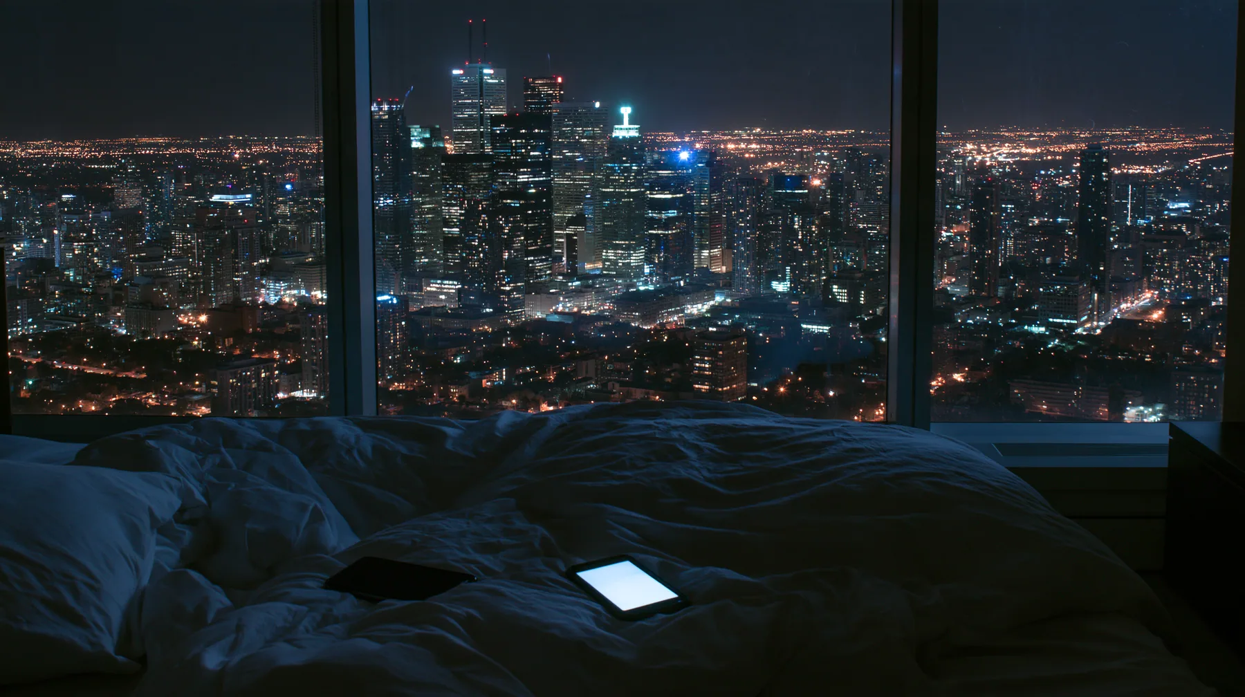 a dark minimal high-rise bedroom at night, a smartphone lying face down on rumpled white sheets, a floor-to-ceiling window of glittering city lights behind, no people, deep shadows, cinematic, no text, no letters, no…
