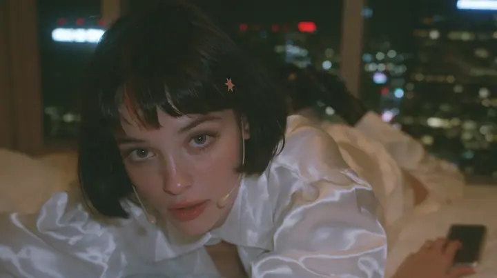 medium shot at mattress height in a dark high-rise bedroom at night, a 28-year-old Caucasian American woman with a grown-up angular face, defined cheekbones and a strong jawline, pale skin and light freckles, a…