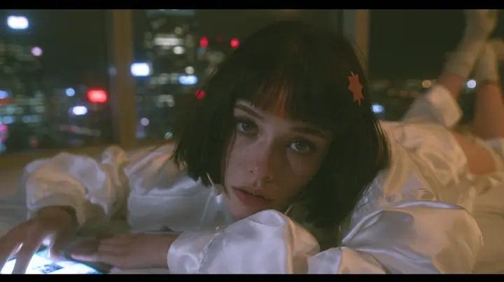 medium shot at mattress height in a dark high-rise bedroom at night, a 28-year-old Caucasian American woman with a grown-up angular face, defined cheekbones and a strong jawline, pale skin and light freckles, a…