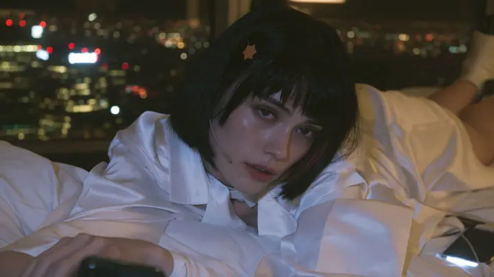 medium shot at mattress height in a dark high-rise bedroom at night, a 28-year-old Caucasian American woman with a grown-up angular face, defined cheekbones and a strong jawline, pale skin and light freckles, a…