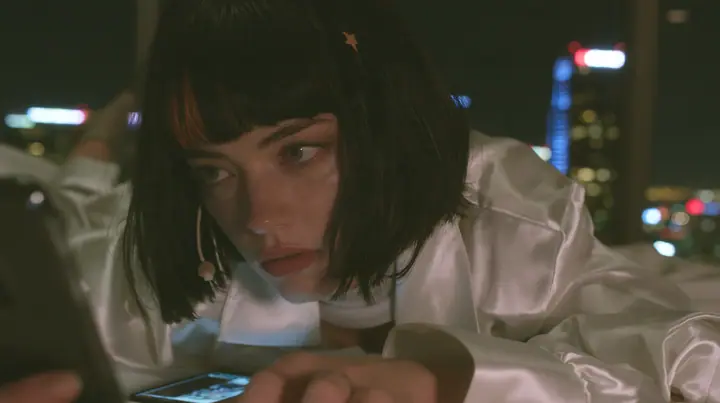 medium shot at mattress height in a dark high-rise bedroom at night, a 28-year-old Caucasian American woman with a grown-up angular face, defined cheekbones and a strong jawline, pale skin and light freckles, a…