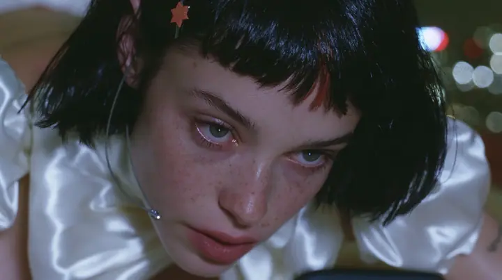 close-up, a 28-year-old Caucasian American woman with a grown-up angular face, defined cheekbones and a strong jawline, pale skin and light freckles, a glossy black blunt jaw-length bob with heavy straight bangs and…