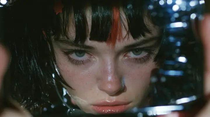 extreme close-up of a dead black phone screen held in two hands in near darkness, faintly reflecting the face of a 28-year-old Caucasian American woman with a grown-up angular face, defined cheekbones and a strong…