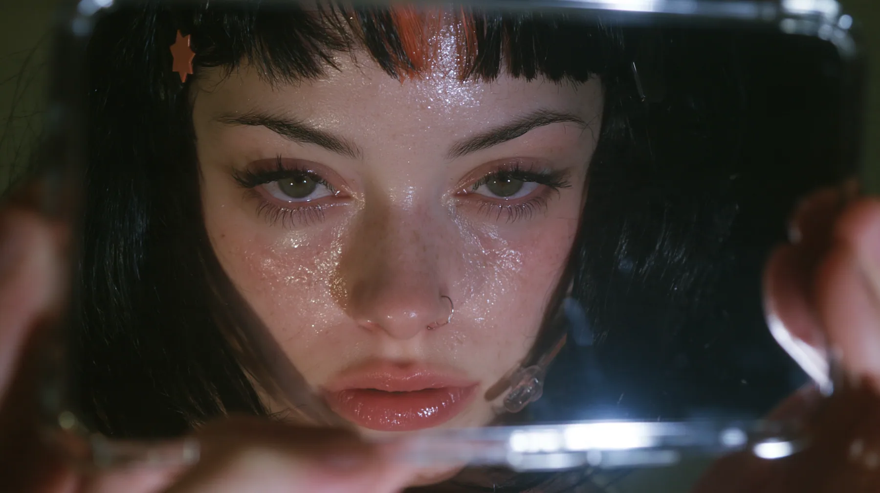 extreme close-up of a dead black phone screen held in two hands in near darkness, faintly reflecting the face of a 28-year-old Caucasian American woman with a grown-up angular face, defined cheekbones and a strong…