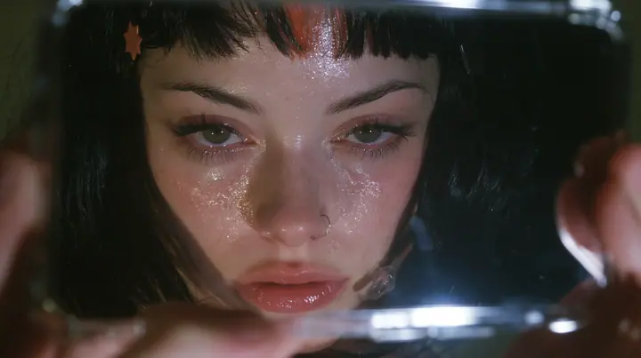 extreme close-up of a dead black phone screen held in two hands in near darkness, faintly reflecting the face of a 28-year-old Caucasian American woman with a grown-up angular face, defined cheekbones and a strong…