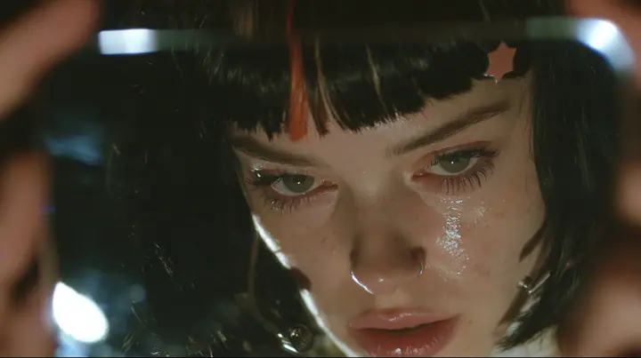 extreme close-up of a dead black phone screen held in two hands in near darkness, faintly reflecting the face of a 28-year-old Caucasian American woman with a grown-up angular face, defined cheekbones and a strong…