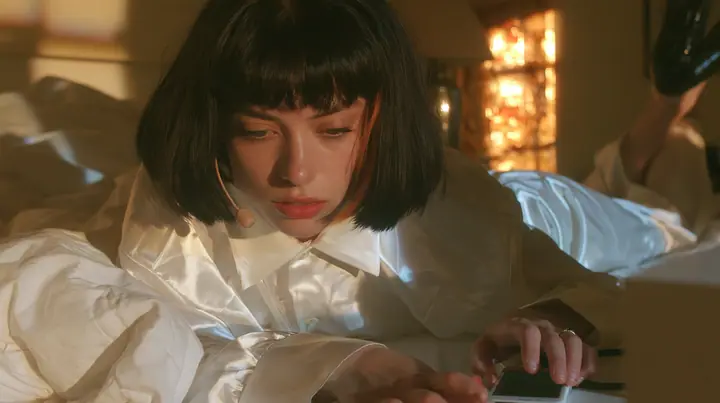 medium shot of a bedside at dawn, a Caucasian American woman in her late twenties with pale skin and a glossy black blunt bob with heavy straight bangs and one clay-orange streak, a thin headset microphone, in…