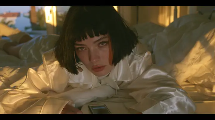 medium shot of a bedside at dawn, a Caucasian American woman in her late twenties with pale skin and a glossy black blunt bob with heavy straight bangs and one clay-orange streak, a thin headset microphone, in…