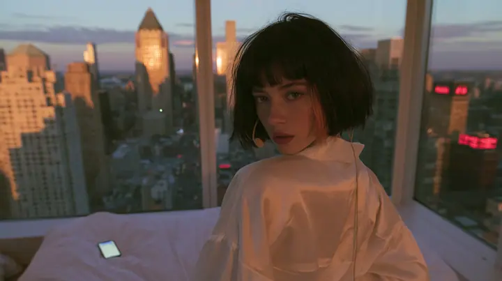 medium wide shot of a high-rise bedroom at dawn, a Caucasian American woman in her late twenties with pale skin and a glossy black blunt bob with heavy straight bangs and one clay-orange streak, a thin headset…
