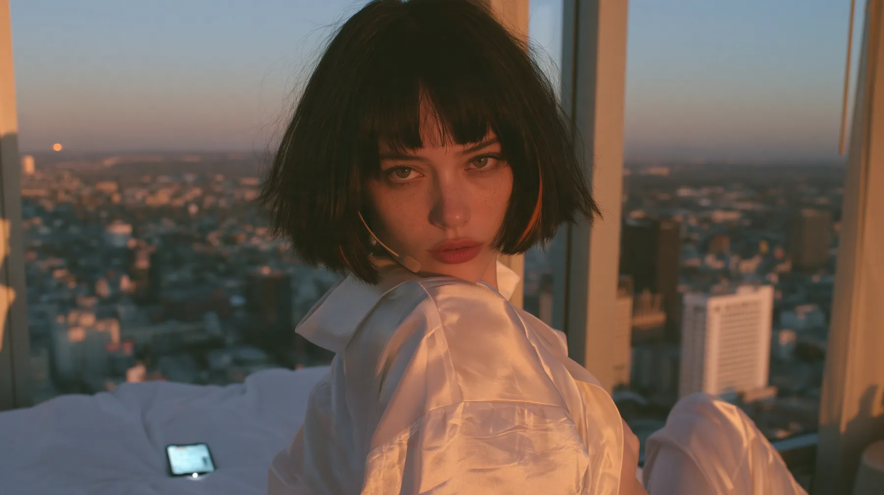 medium wide shot of a high-rise bedroom at dawn, a Caucasian American woman in her late twenties with pale skin and a glossy black blunt bob with heavy straight bangs and one clay-orange streak, a thin headset…