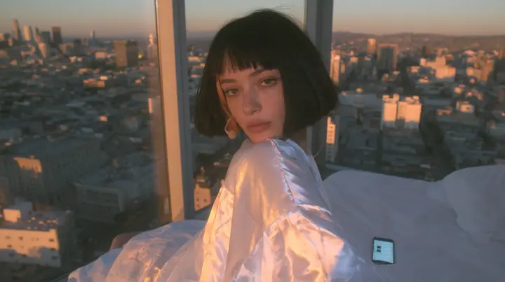 medium wide shot of a high-rise bedroom at dawn, a Caucasian American woman in her late twenties with pale skin and a glossy black blunt bob with heavy straight bangs and one clay-orange streak, a thin headset…