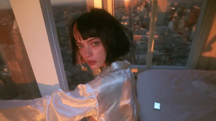 medium wide shot of a high-rise bedroom at dawn, a Caucasian American woman in her late twenties with pale skin and a glossy black blunt bob with heavy straight bangs and one clay-orange streak, a thin headset…