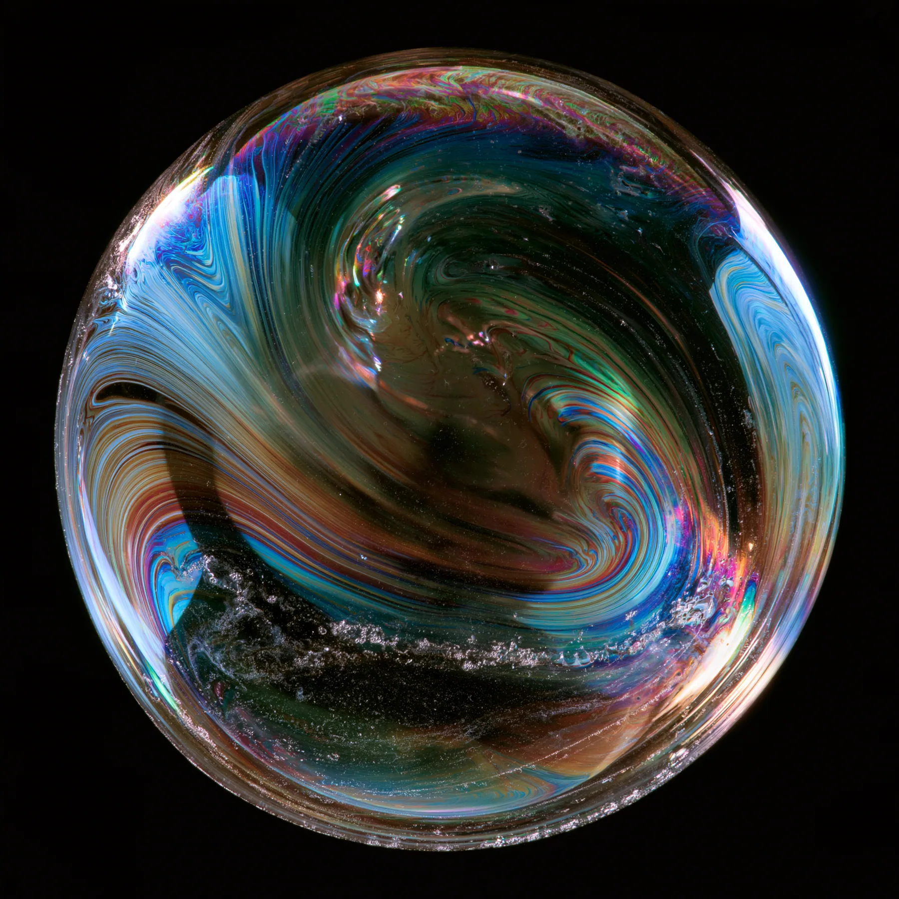 macro of a soap film with swirling iridescent interference colours on black, scientific photograph, no text, no letters, no logos
