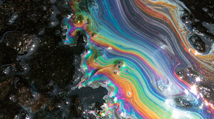 macro of an oil slick rainbow on wet black asphalt at night, iridescent swirls, no text, no letters, no logos