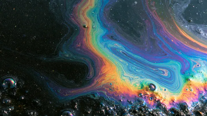 macro of an oil slick rainbow on wet black asphalt at night, iridescent swirls, no text, no letters, no logos