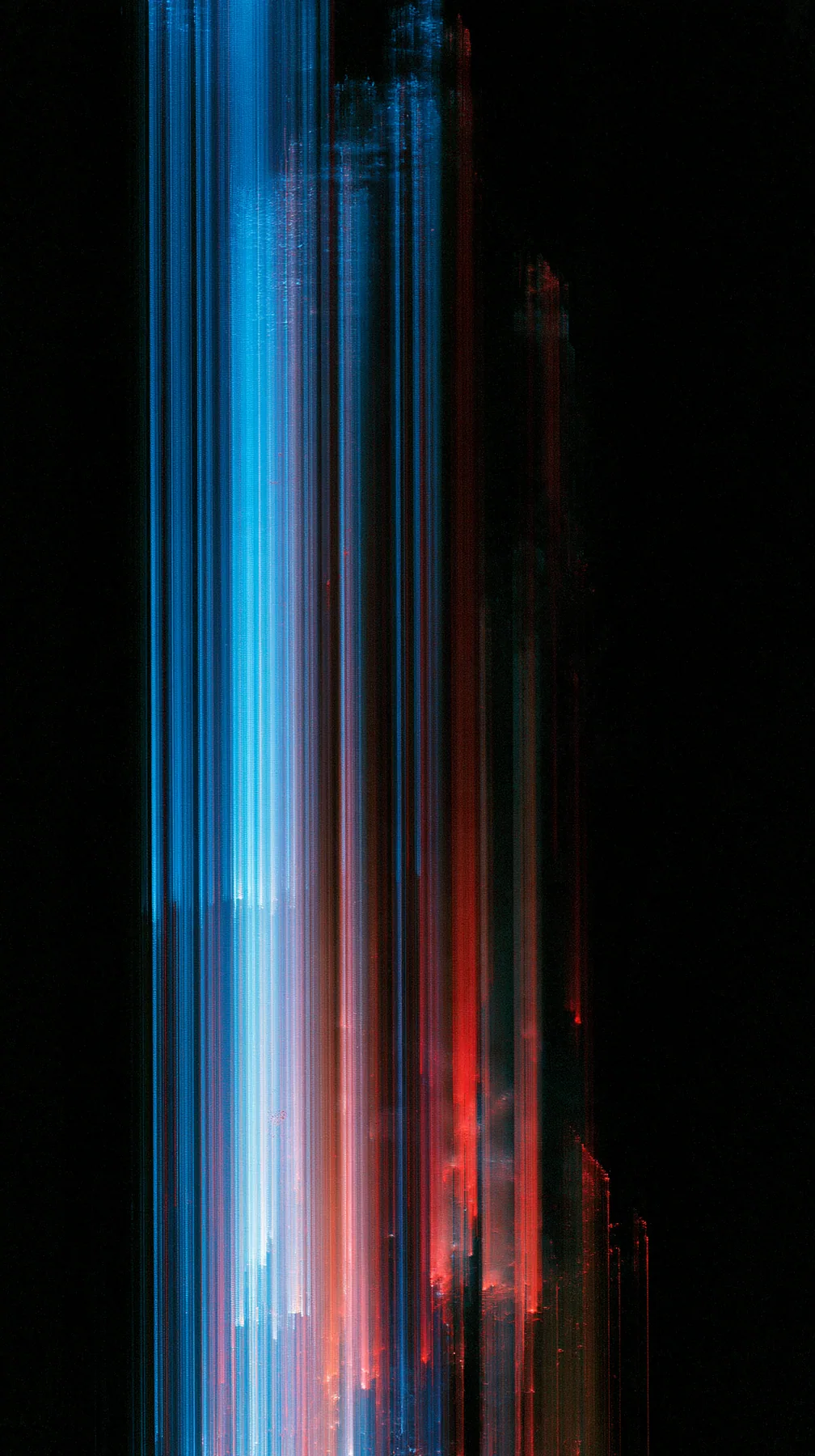 a photograph smeared vertically into long streaks of colour like dragged pixels, deep blues and reds on black, no text, no letters, no logos