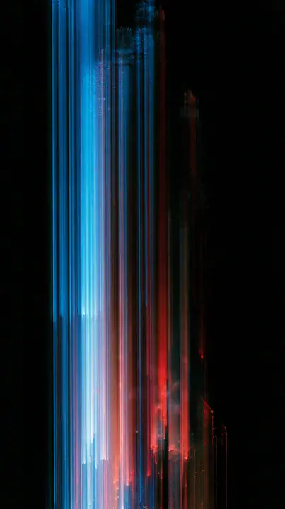 a photograph smeared vertically into long streaks of colour like dragged pixels, deep blues and reds on black, no text, no letters, no logos