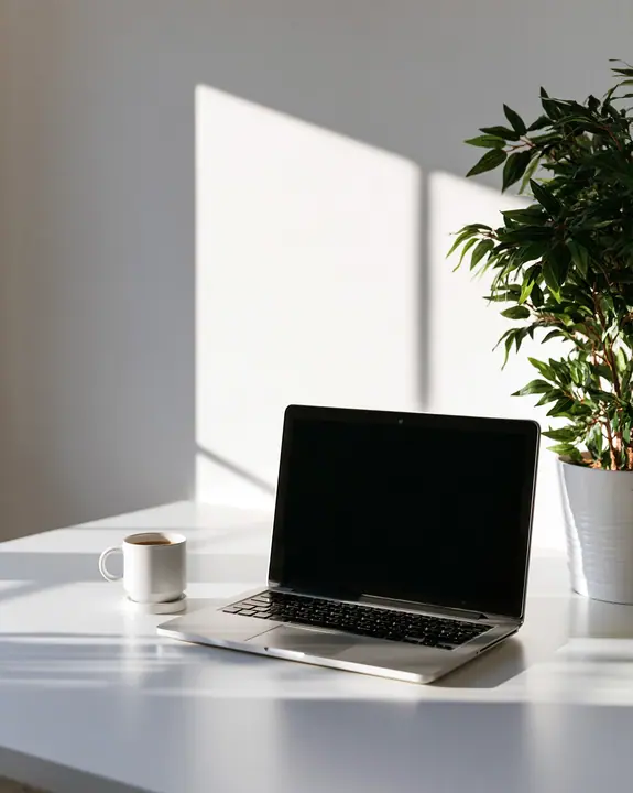an open laptop on a white desk at sunrise beside a coffee and a plant, clean, aspirational, no text, no letters, no logos