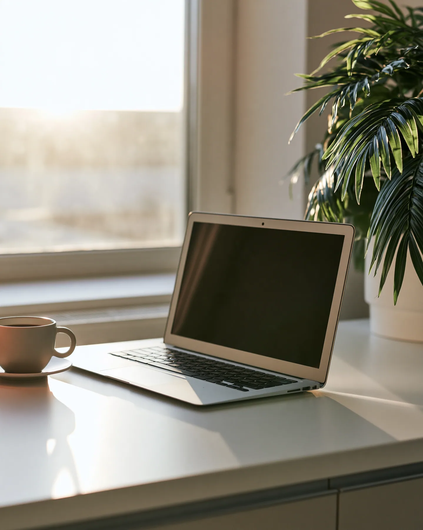 an open laptop on a white desk at sunrise beside a coffee and a plant, clean, aspirational, no text, no letters, no logos