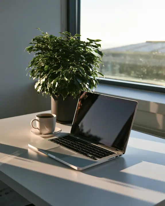 an open laptop on a white desk at sunrise beside a coffee and a plant, clean, aspirational, no text, no letters, no logos