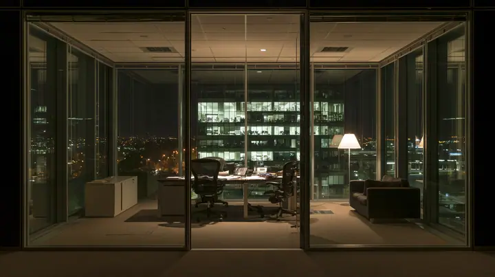 an empty glass-walled office at night, city lights, one lamp left on, wide angle, no text, no letters, no logos