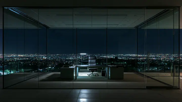 an empty glass-walled office at night, city lights, one lamp left on, wide angle, no text, no letters, no logos