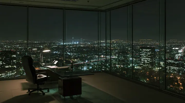 an empty glass-walled office at night, city lights, one lamp left on, wide angle, no text, no letters, no logos