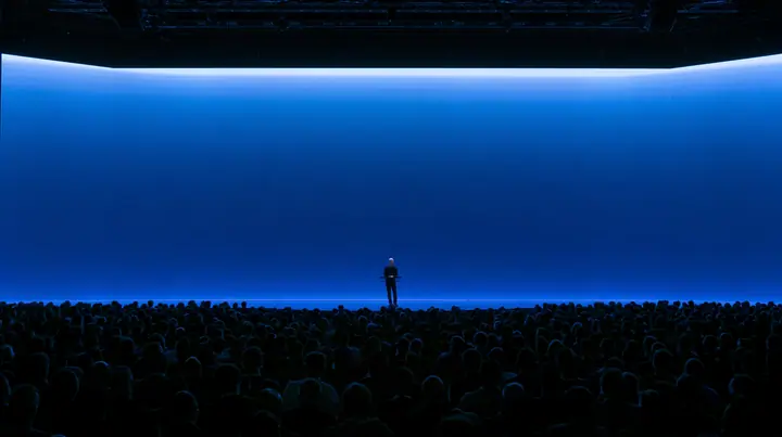 a keynote stage seen from the back of a dark auditorium, one small figure at a podium under a vast glowing blue screen, no text, no letters, no logos