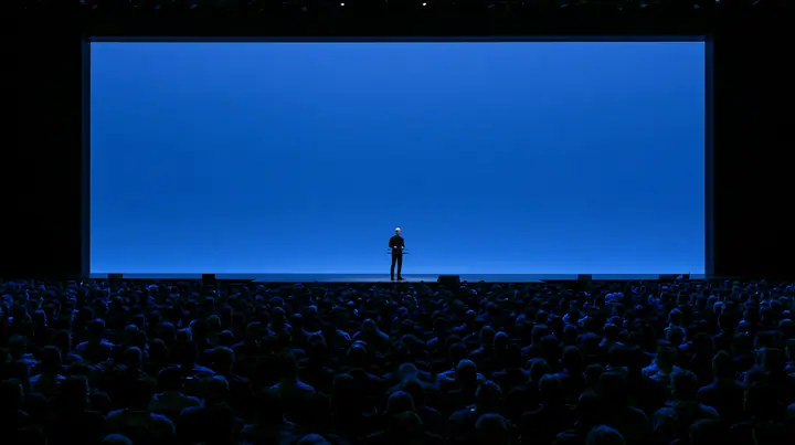 a keynote stage seen from the back of a dark auditorium, one small figure at a podium under a vast glowing blue screen, no text, no letters, no logos