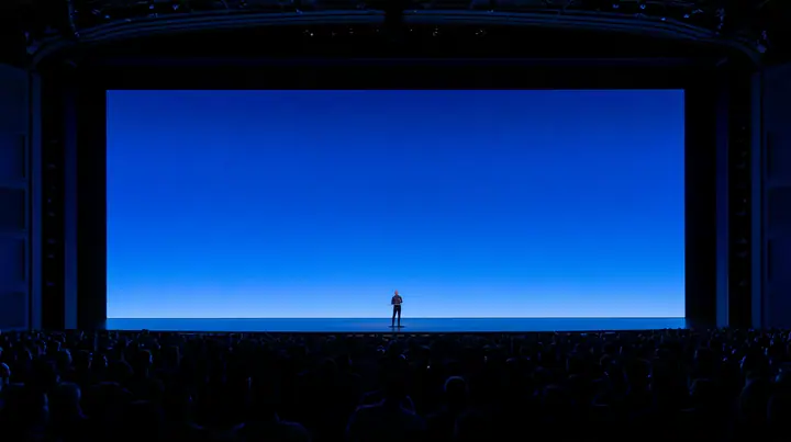 a keynote stage seen from the back of a dark auditorium, one small figure at a podium under a vast glowing blue screen, no text, no letters, no logos