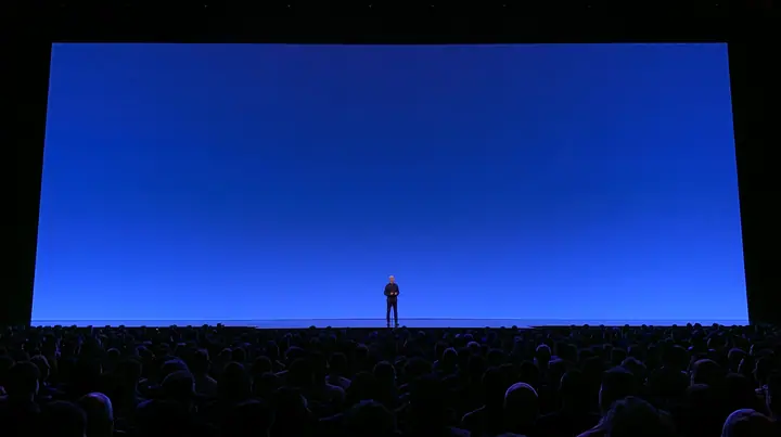 a keynote stage seen from the back of a dark auditorium, one small figure at a podium under a vast glowing blue screen, no text, no letters, no logos