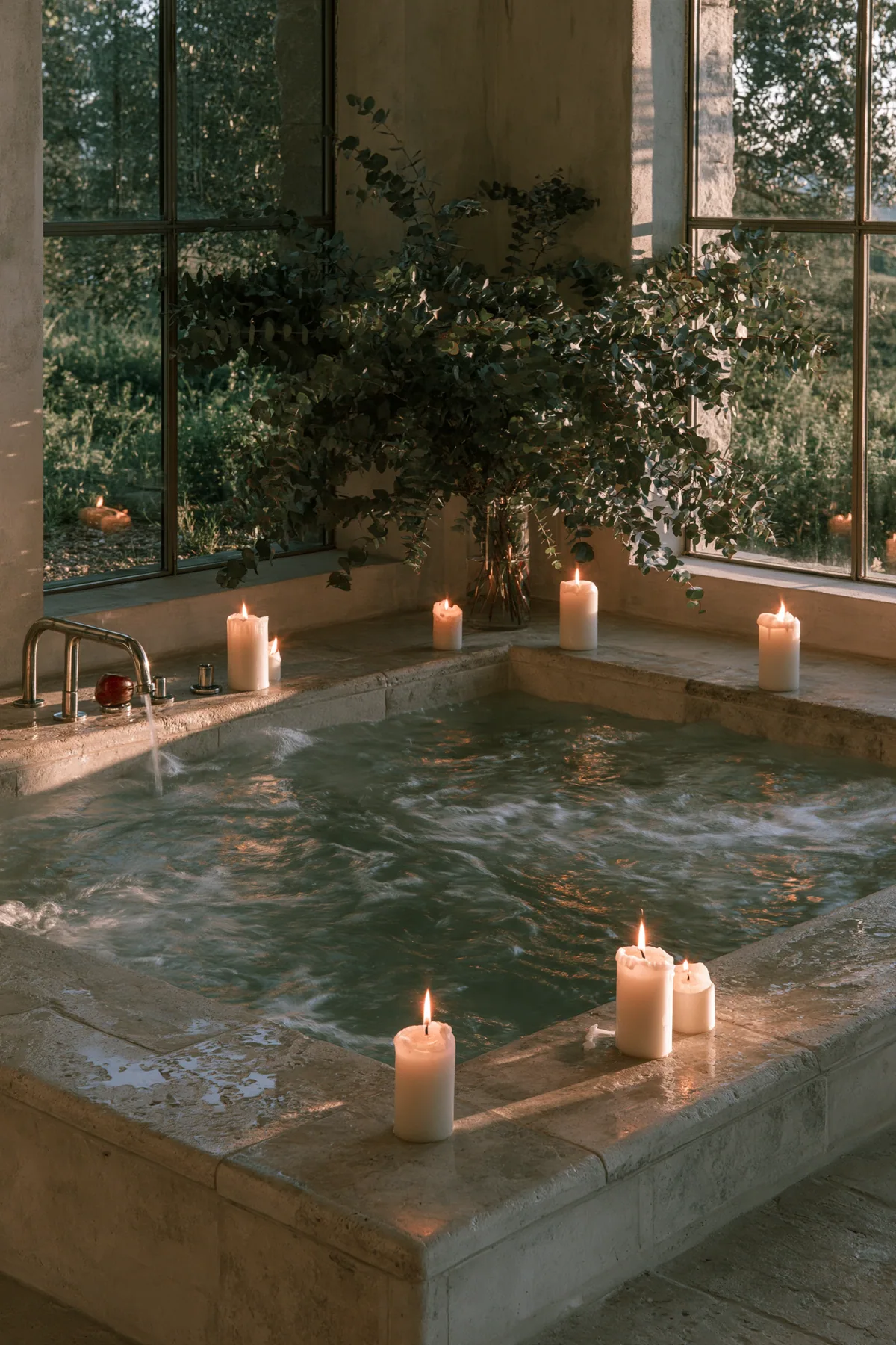 a sunken stone bathtub with candles and eucalyptus, warm evening light, no text, no letters, no logos
