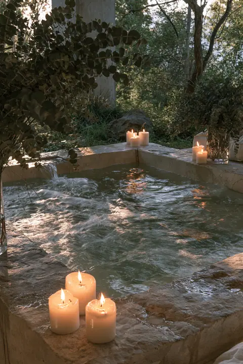 a sunken stone bathtub with candles and eucalyptus, warm evening light, no text, no letters, no logos