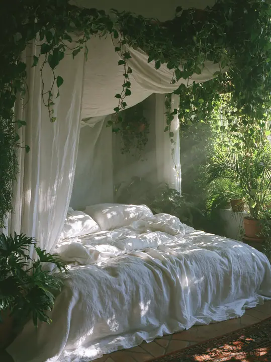 a dreamy bedroom with a linen canopy bed and trailing plants, soft morning light, no text, no letters, no logos