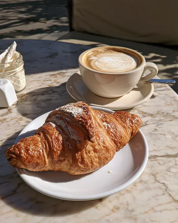 a flaky croissant on a marble cafe table with a cappuccino, morning light, no text, no letters, no logos