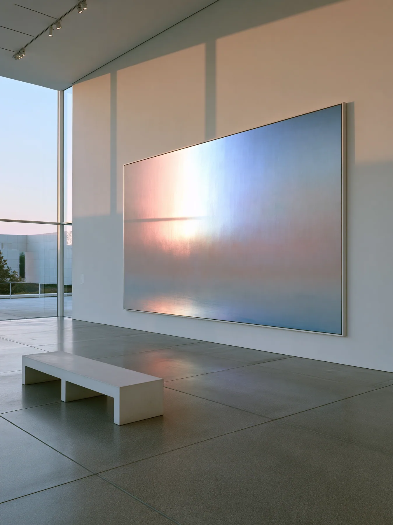 an abstract gradient painting in a white gallery, one bench, soft light, no text, no letters, no logos