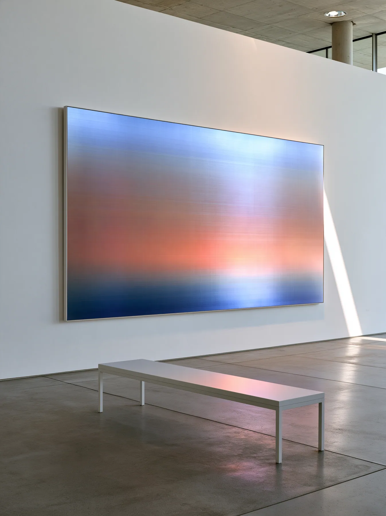 an abstract gradient painting in a white gallery, one bench, soft light, no text, no letters, no logos