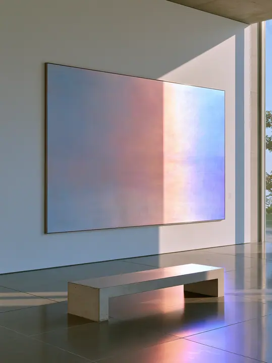 an abstract gradient painting in a white gallery, one bench, soft light, no text, no letters, no logos