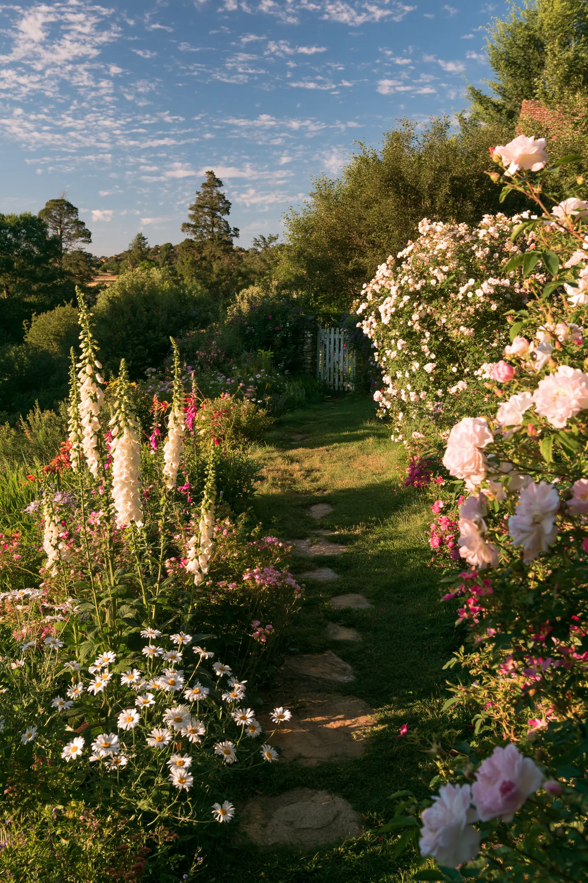 a cottage garden path with foxgloves and roses at golden hour, no text, no letters, no logos