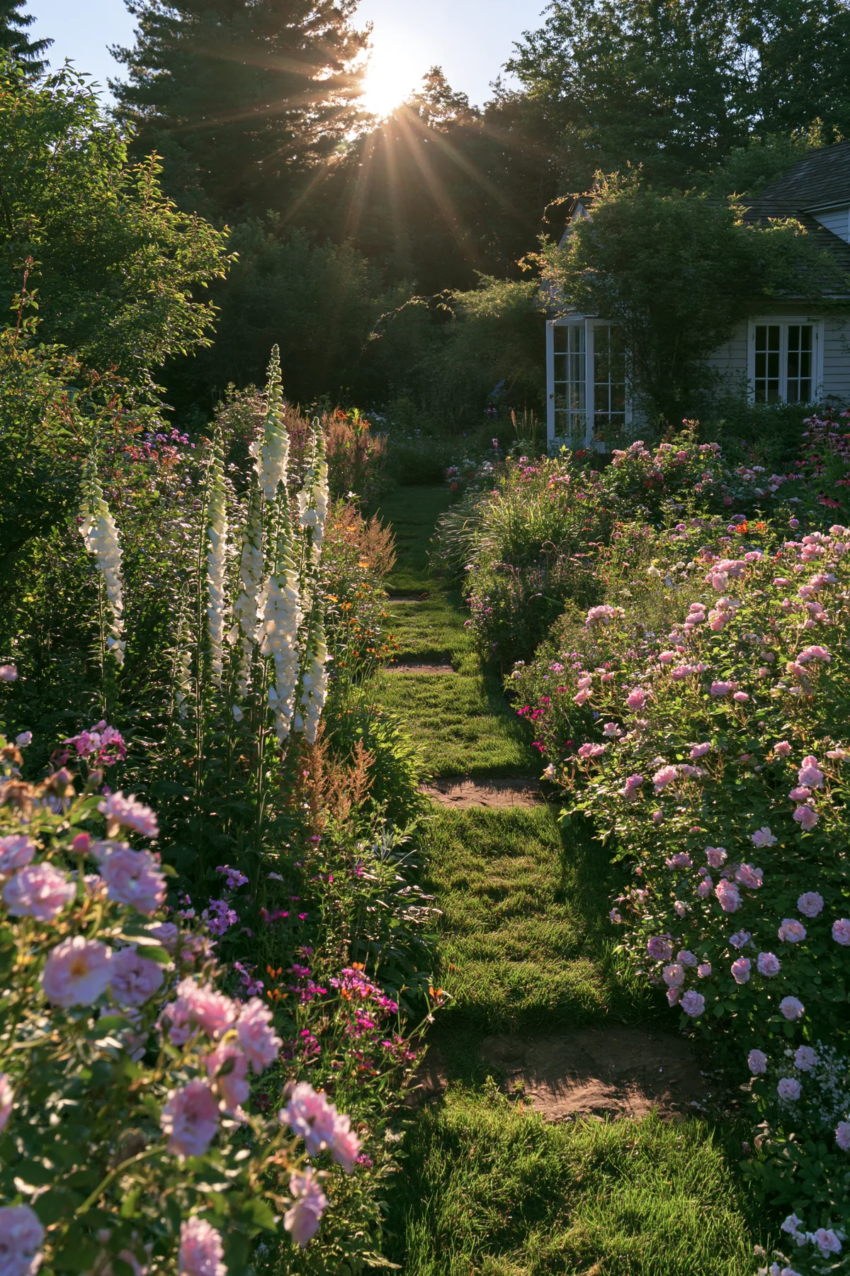 a cottage garden path with foxgloves and roses at golden hour, no text, no letters, no logos