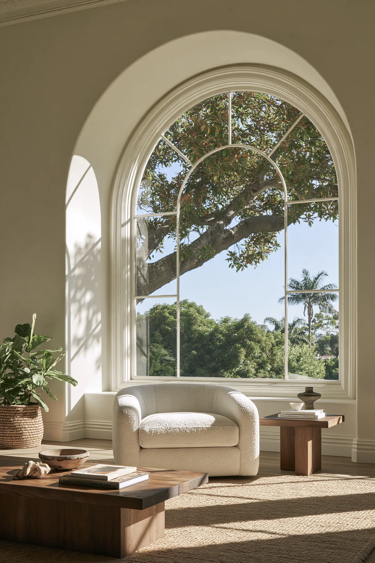 a minimal cream living room with a boucle chair and an arched window, morning light, interior design photograph, no text, no letters, no logos