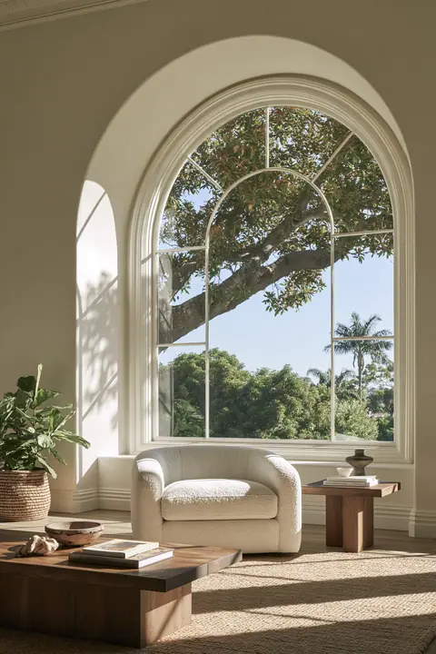 a minimal cream living room with a boucle chair and an arched window, morning light, interior design photograph, no text, no letters, no logos