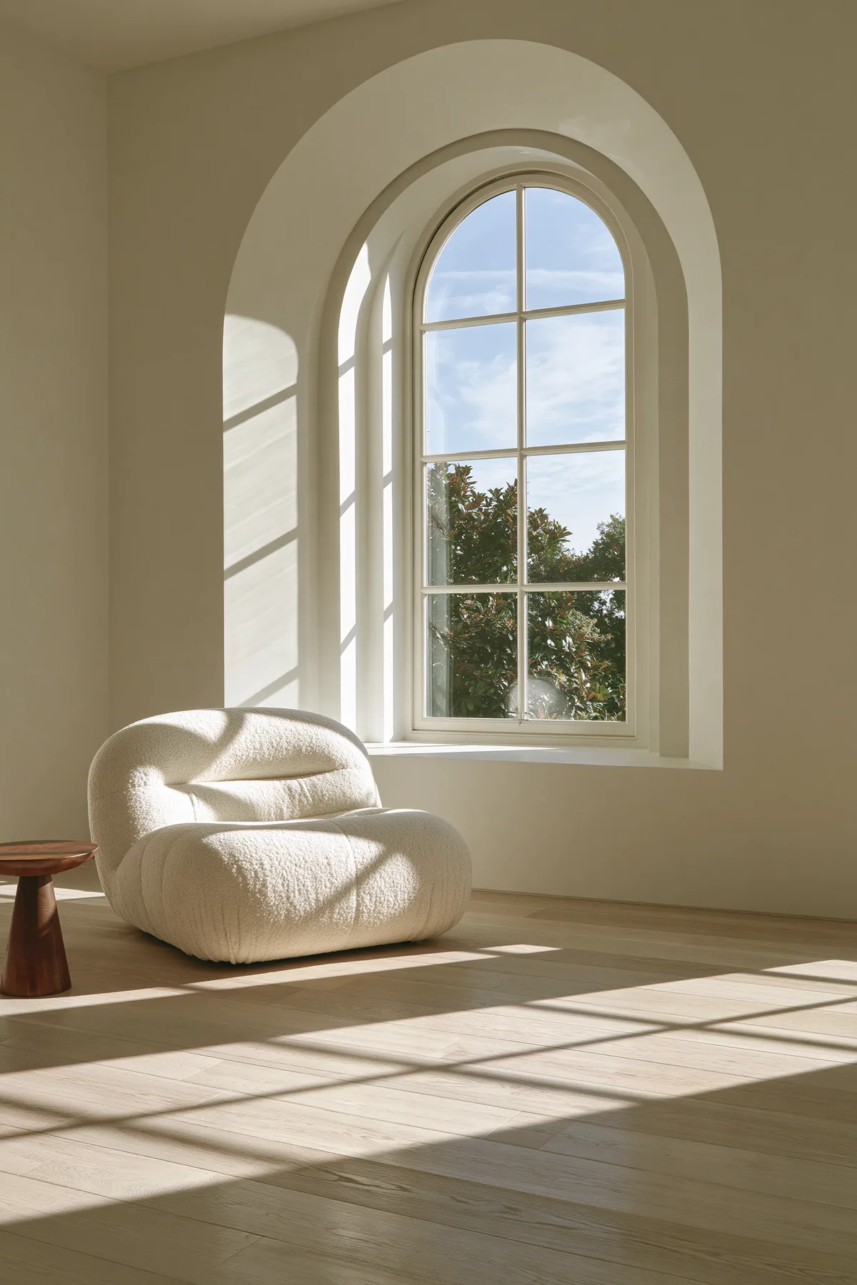 a minimal cream living room with a boucle chair and an arched window, morning light, interior design photograph, no text, no letters, no logos