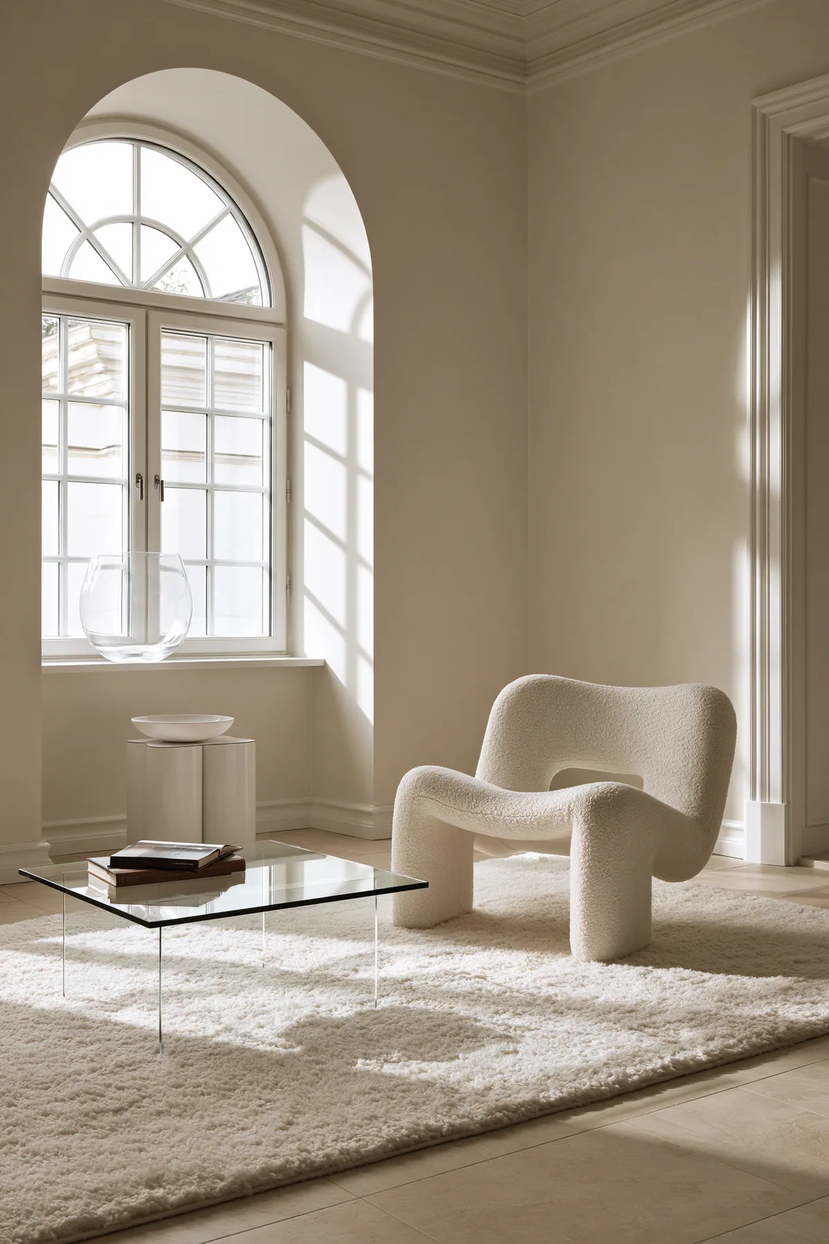 a minimal cream living room with a boucle chair and an arched window, morning light, interior design photograph, no text, no letters, no logos