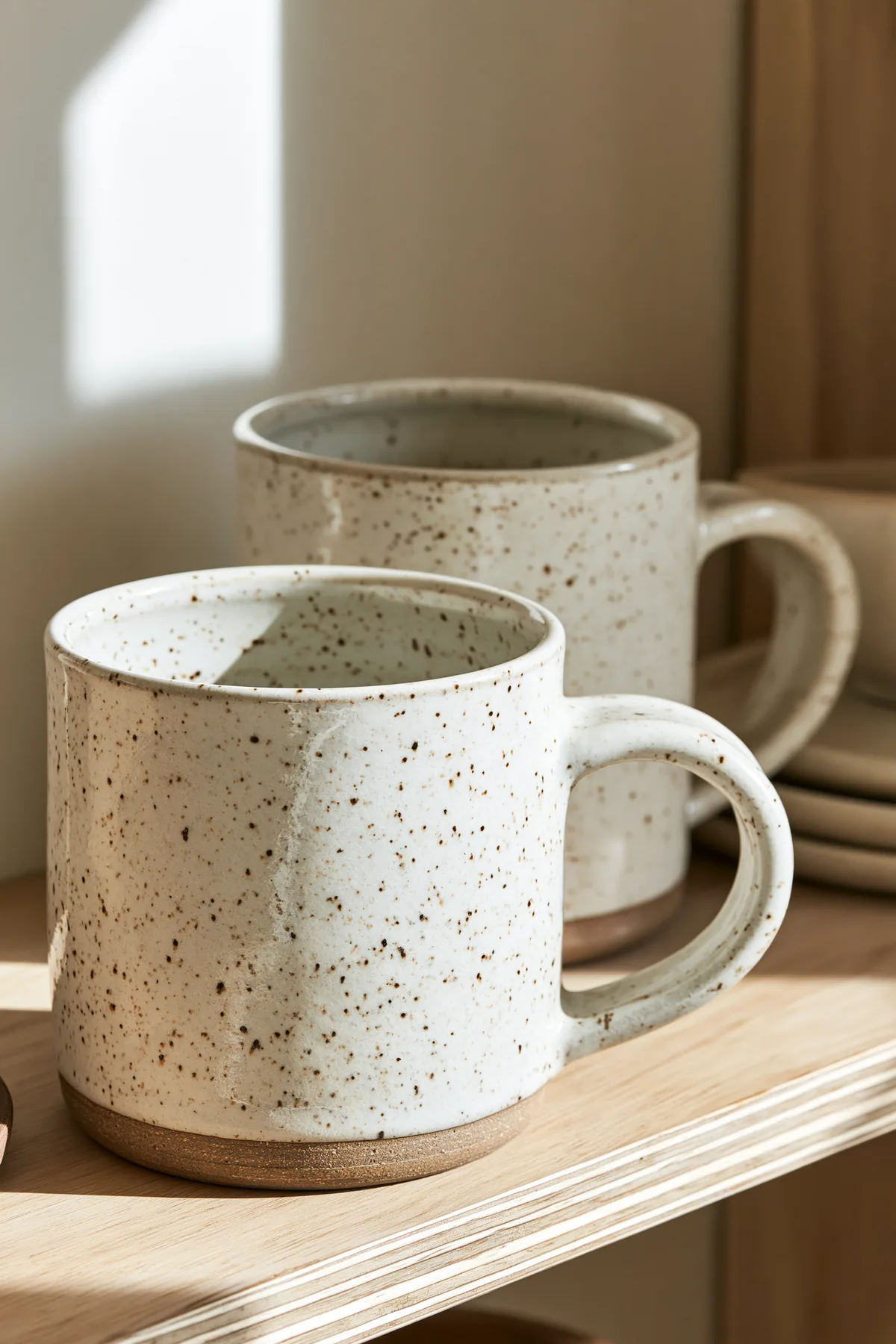 handmade speckled ceramic mugs on a pale wooden shelf, soft light, no text, no letters, no logos