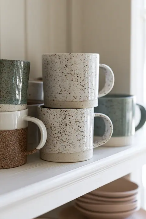 handmade speckled ceramic mugs on a pale wooden shelf, soft light, no text, no letters, no logos