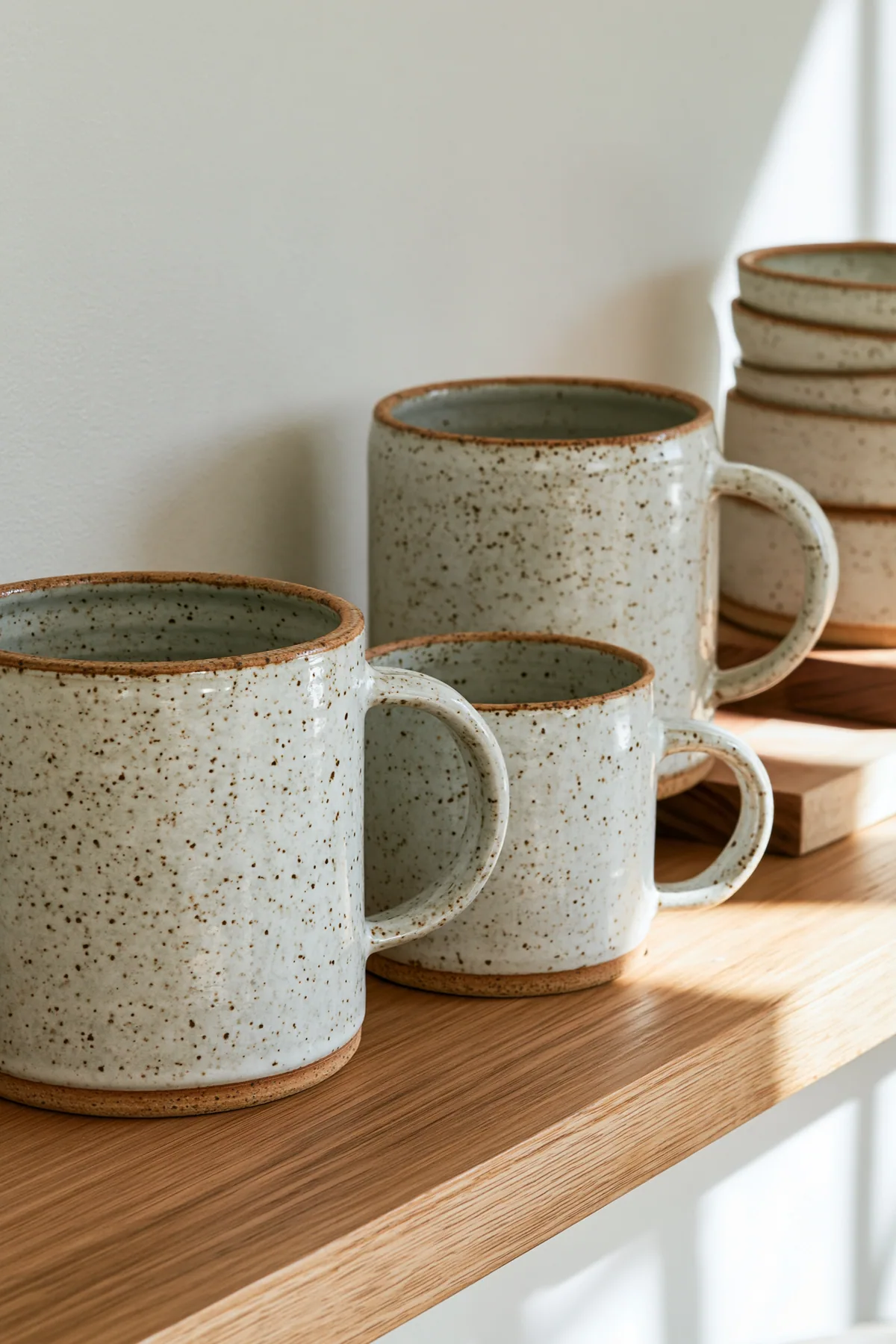 handmade speckled ceramic mugs on a pale wooden shelf, soft light, no text, no letters, no logos